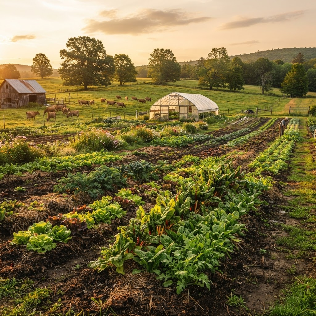 Regenerative organic farm rows at golden hour
