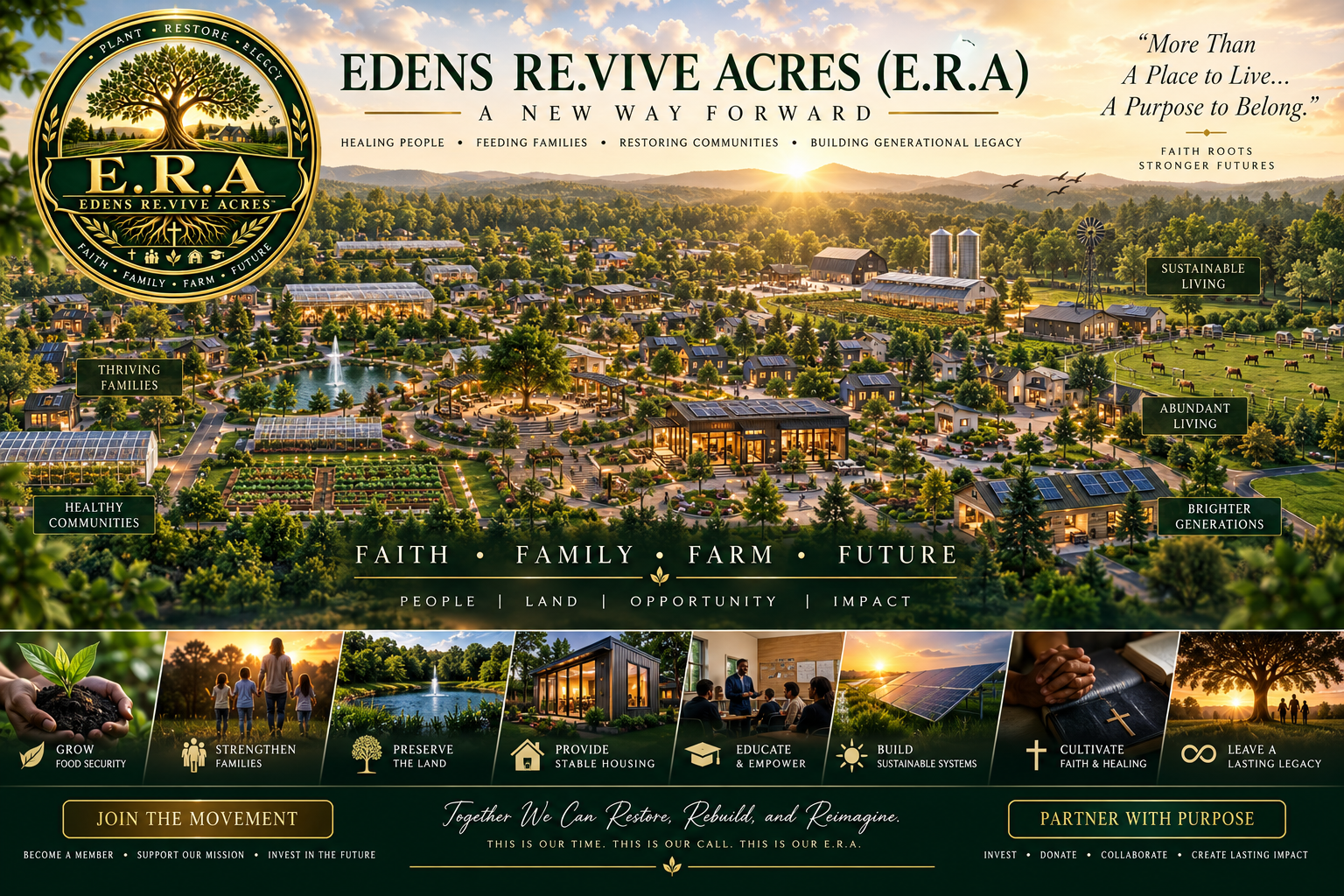 Aerial vision of an Eden's Re.Vive Acres community — thriving families, sustainable living, and abundant land under the E.R.A. banner