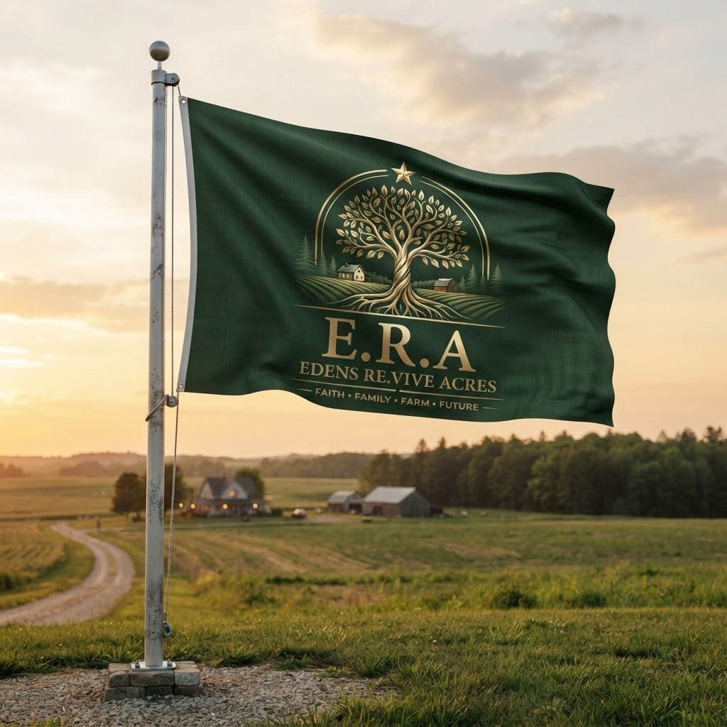 The Edens Re.Vive Acres flag — a forest-green field bearing a gold tree of life, a star, farm fields, and a farmhouse, with the words Faith, Family, Farm, Future.