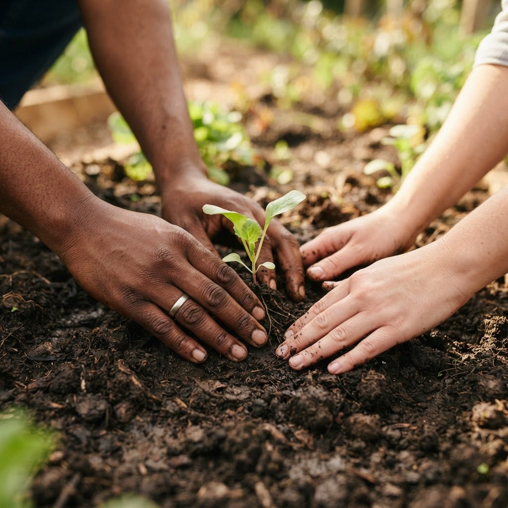 Hands planting a seedling in rich soil