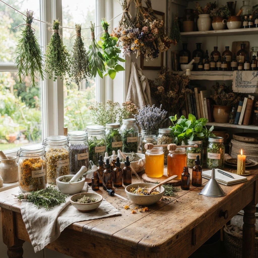 Natural apothecary with herbs, honey, and tinctures
